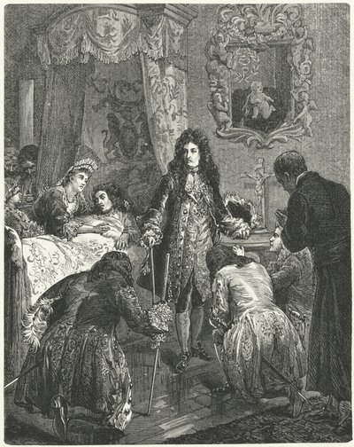 Louis XIV of France visiting James II of England on his deathbed by German School